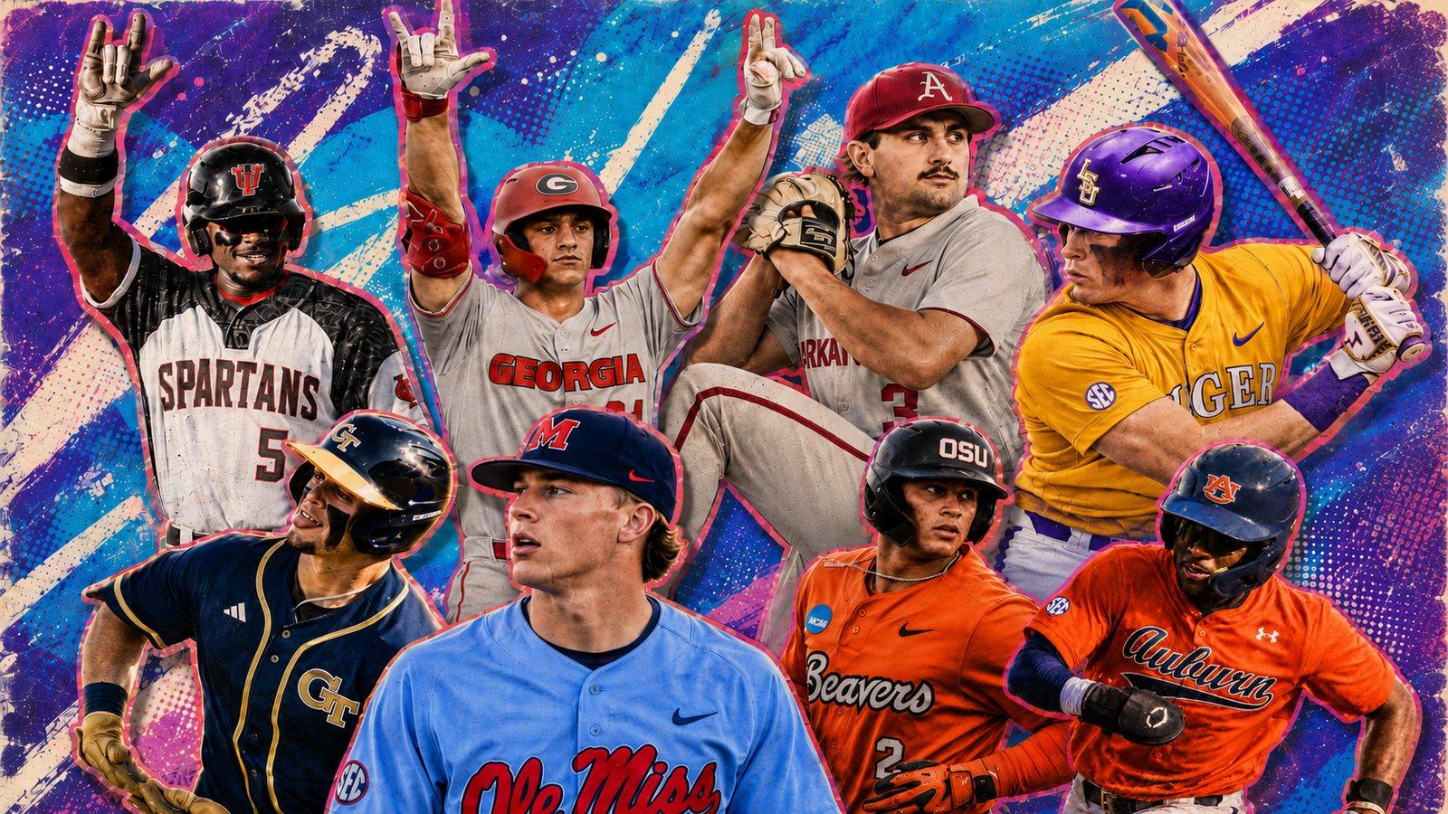 Collage of college baseball transfer portal players from programs including LSU, Georgia, Arkansas, Ole Miss, Auburn, Oregon State, Georgia Tech, and Tampa, on a vivid blue and purple grunge backdrop.