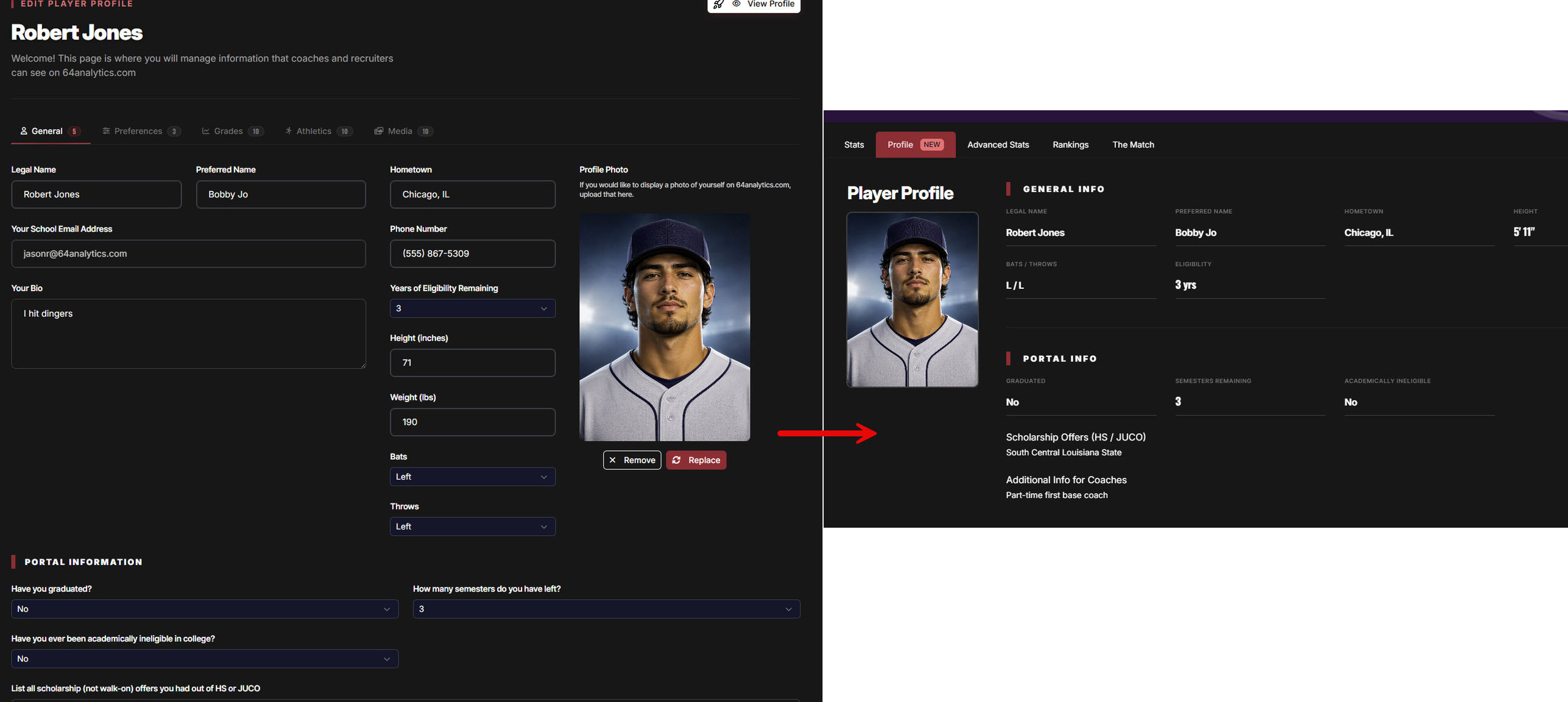 Edit player profile inside 64Analytics — legal name, preferred name, hometown, photo, and portal info that flows directly into a coach-facing player profile card