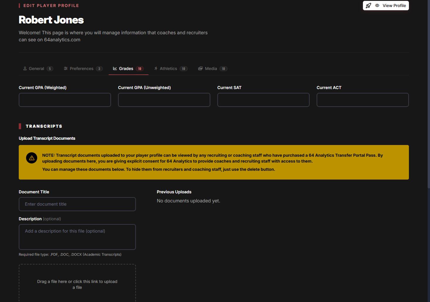 Grades tab inside the player profile — GPA, SAT, ACT fields plus a transcript upload area for PDF, DOC, or DOCX documents