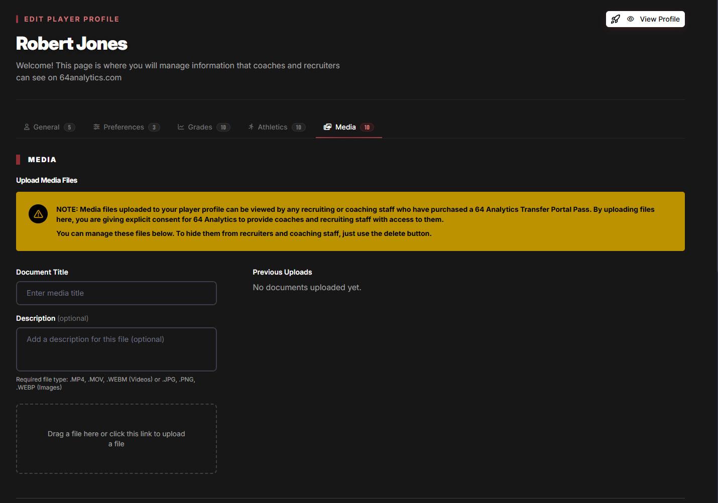 Media tab inside the player profile — upload videos in MP4, MOV, or WEBM and images in JPG, PNG, or WEBP, all visible to coaches who hold a Transfer Portal Pass